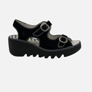 Fly London Black suede Bara style Buckle Sandals sz 38 EUC